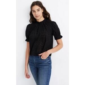 Madewell Black Eyelet Ruffle Mock Neck/ Sleeve Top Size Small Dark Cottage Core